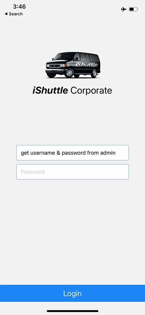 iShuttle Corporate App - Login Screen